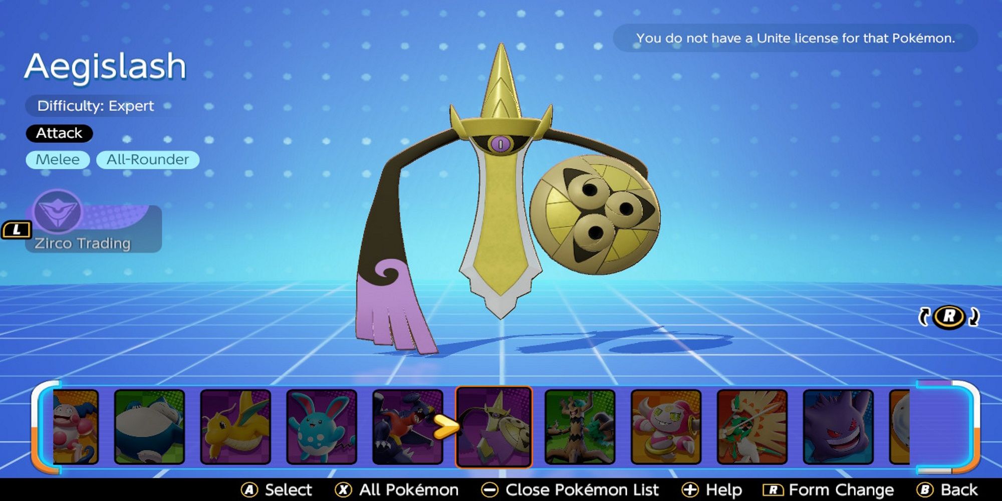 Aegislash's Pokemon selection screen, labeling it an expert-level Pokemon