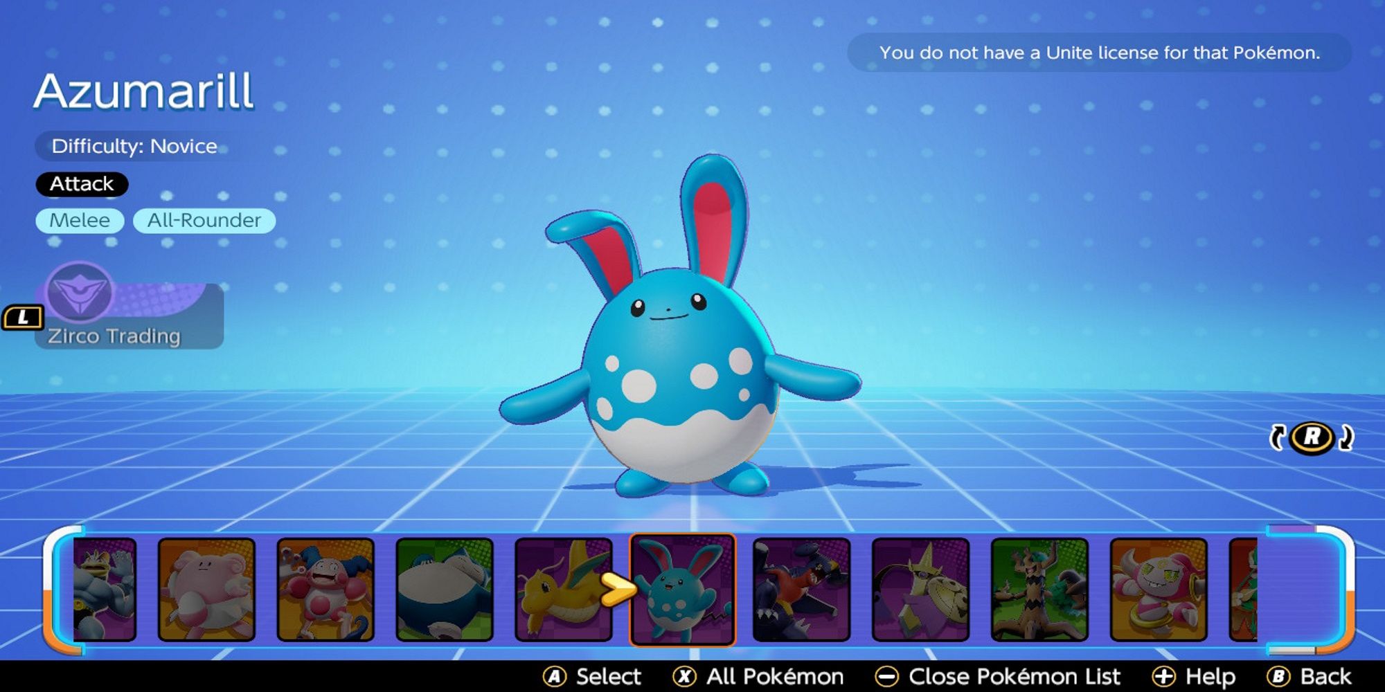 Azumarill's Pokemon selection screen, labeling it a novice-level Pokemon