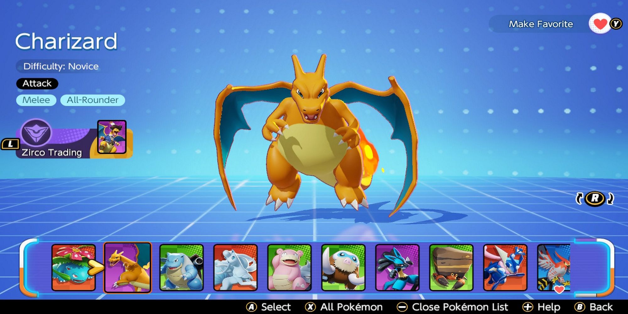 Charizard's Pokemon selection screen, labeling it a novice-level Pokemon