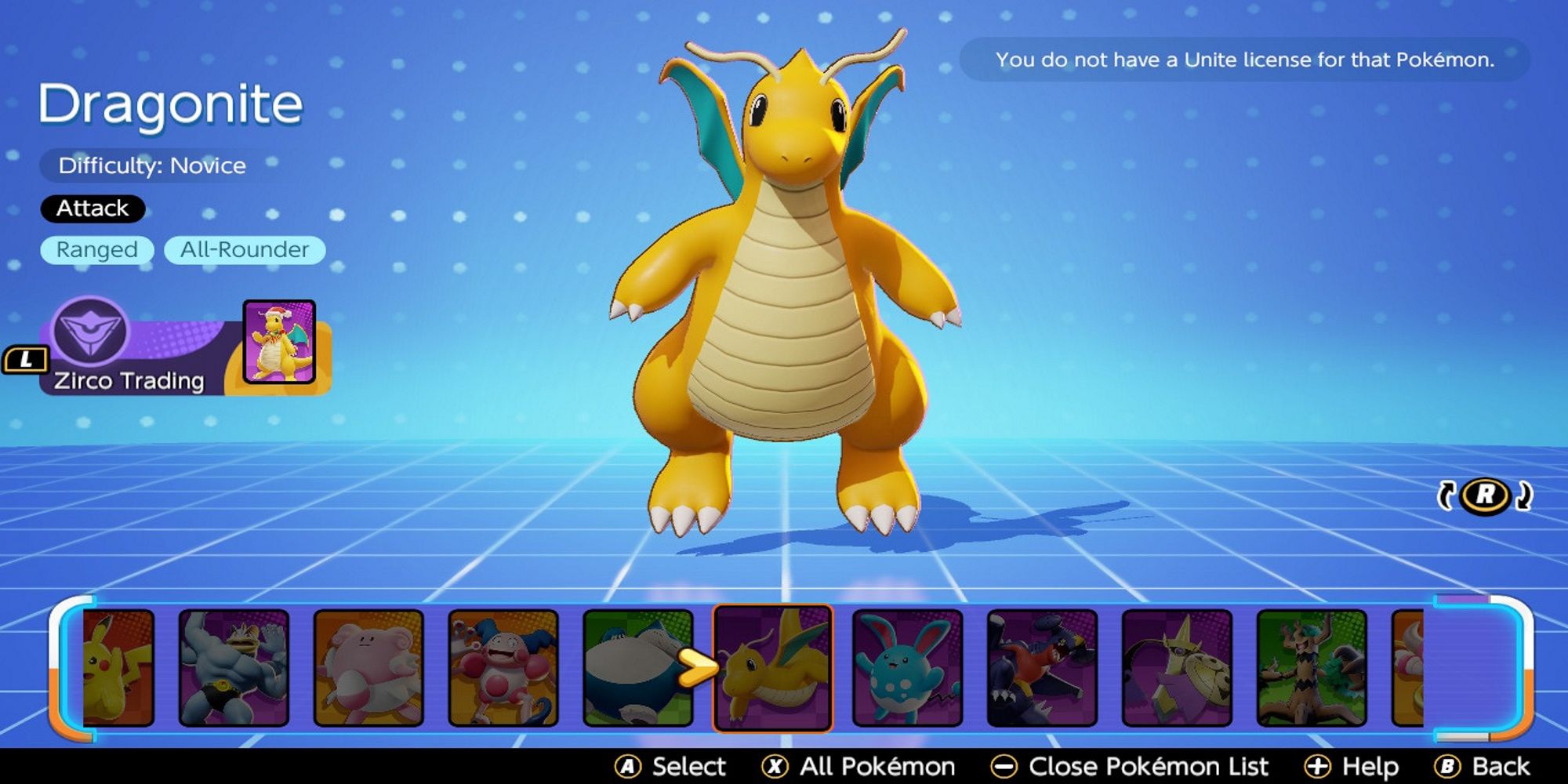 Dragonite's Pokemon selection screen, labeling it a novice-level Pokemon