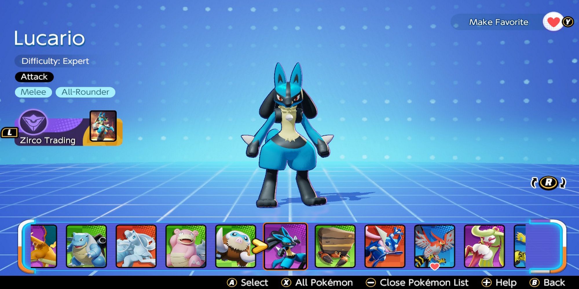 Lucario's Pokemon selection screen, labeling it an expert-level Pokemon