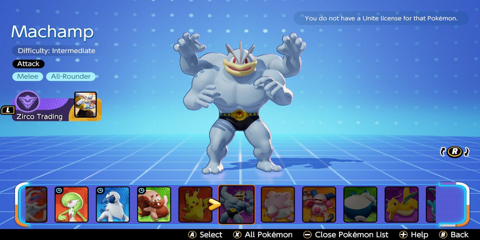 Machamp's Pokemon selection screen, labeling it an intermediate-level Pokemon.