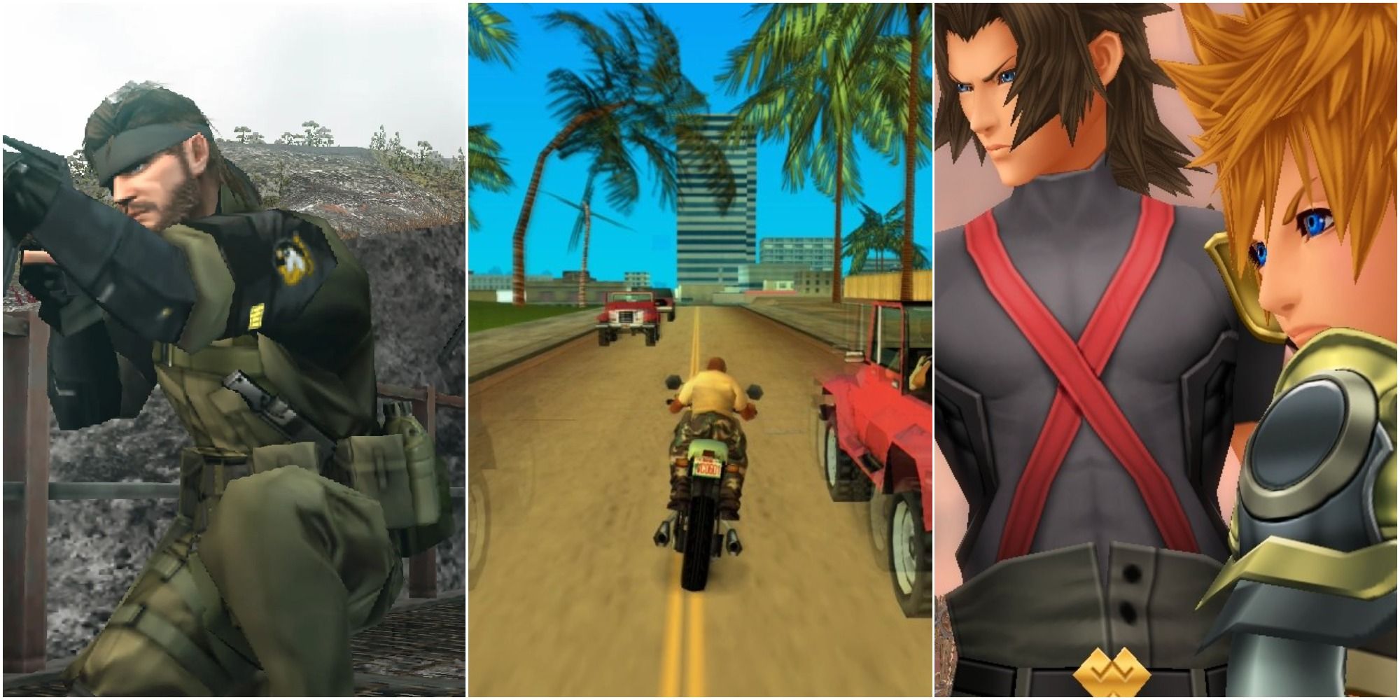 psp screenshot collage of metal gear solid peace walker, grand theft auto vice city stories, and kingdom hearts birth by sleep