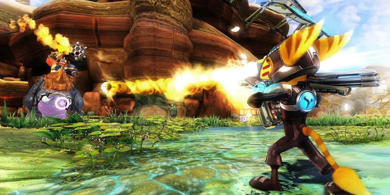 ratchet & clank future a crack in time screenshot of ratchet firing at an enemy