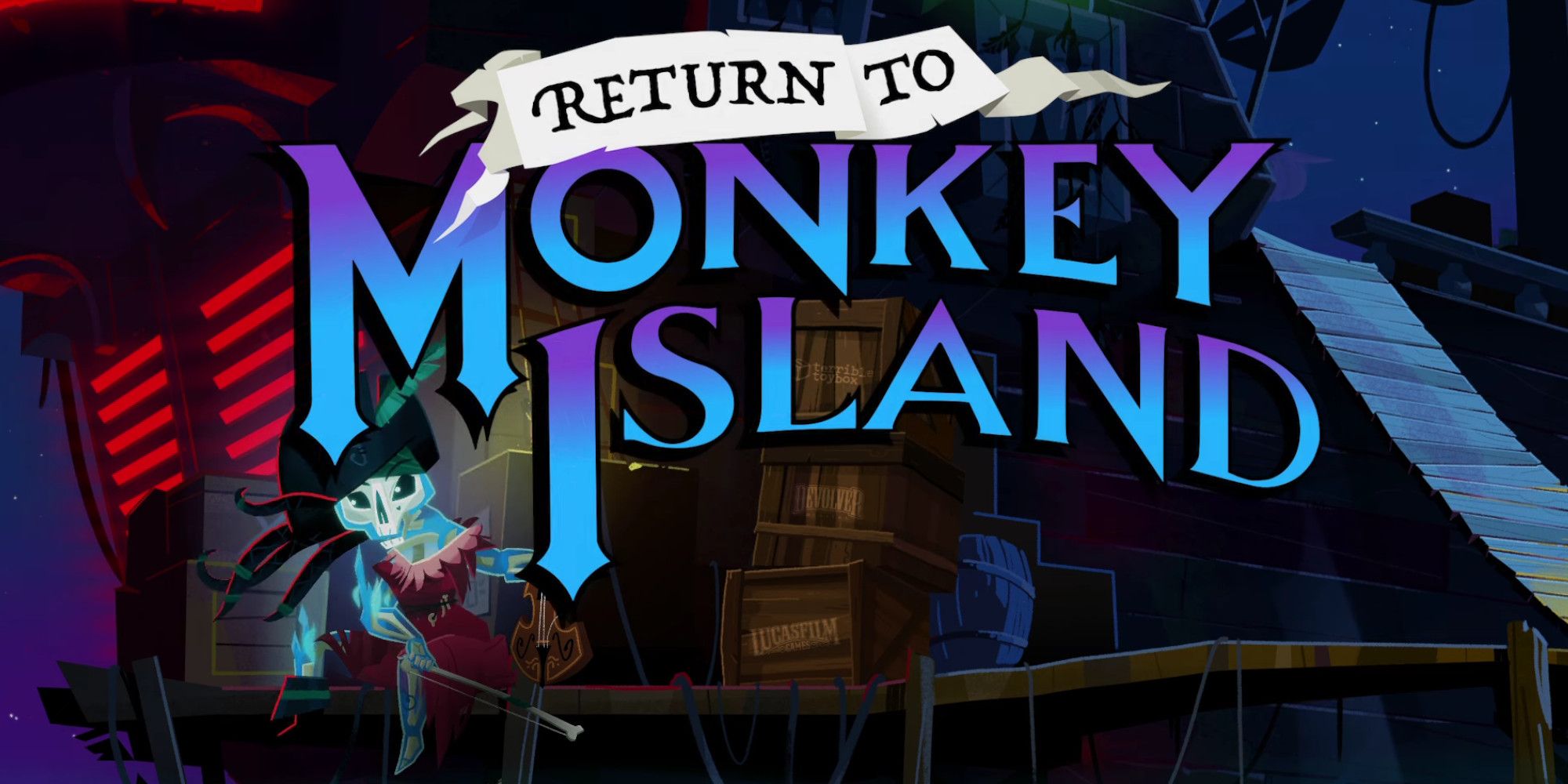 return to monkey island logo with a skeleton playing the fiddle