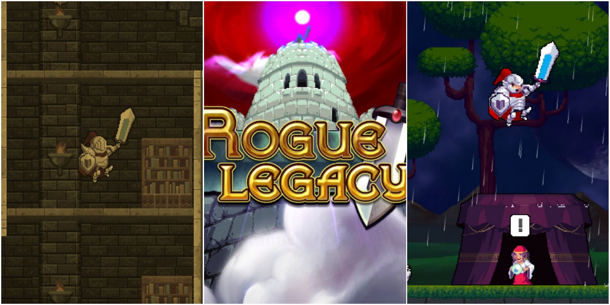rogue legacy knight jumping in castle, rogue legacy title screen with castle and clouds, knight with sword jumping over NPC