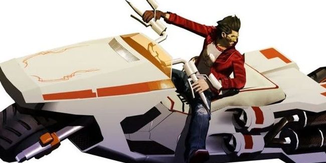 Travis on the Schpeltiger in No More Heroes