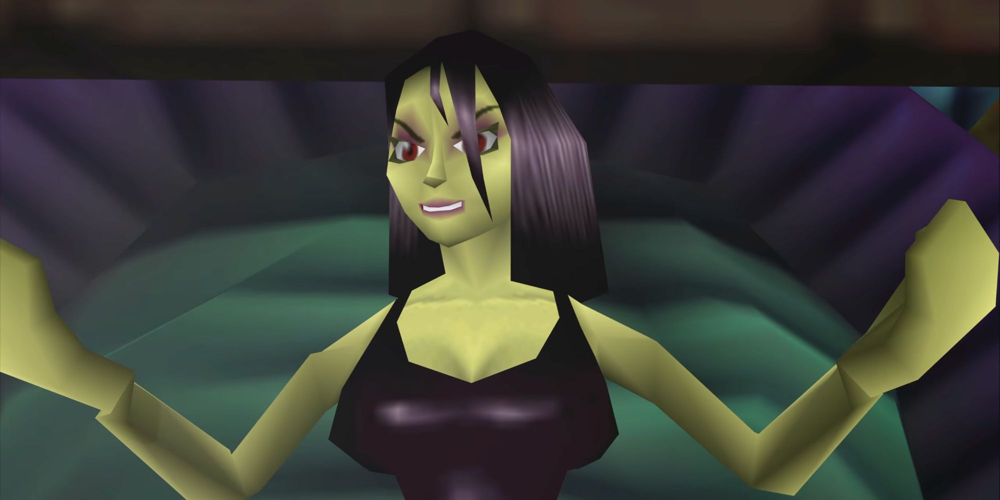 Post-transformation Gruntilda, from Banjo-Kazooie, looks at her new hot body with delight