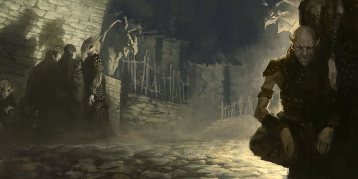 Dungeons & Dragons people kneeling in dark, foreboding alleyway
