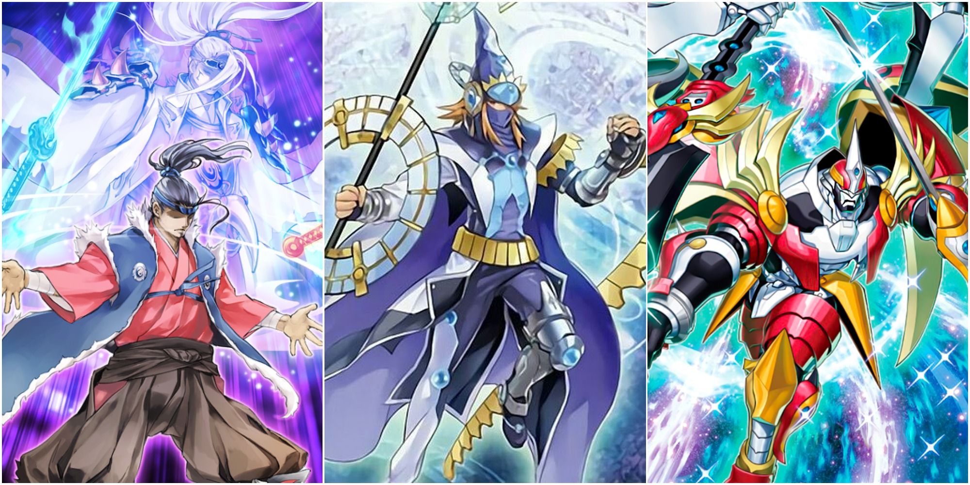 Yu-Gi-Oh! Master Duel split image Shiranui Style Synthesis, Timestar Magician and Ultimate Dragonic Utopia Ray card art