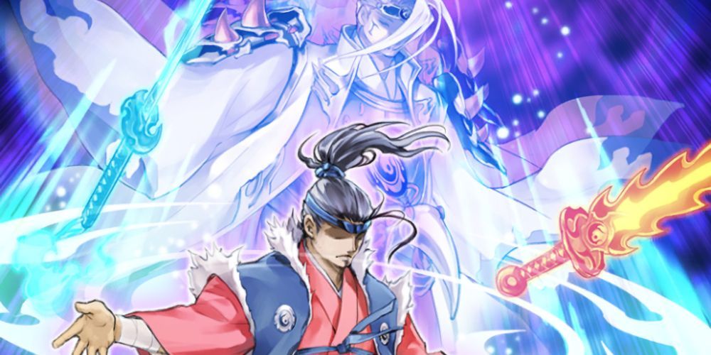 Yu-Gi-Oh Shiranui Style Synthesis card art warrior with spectral swords and ghost warrior behind him