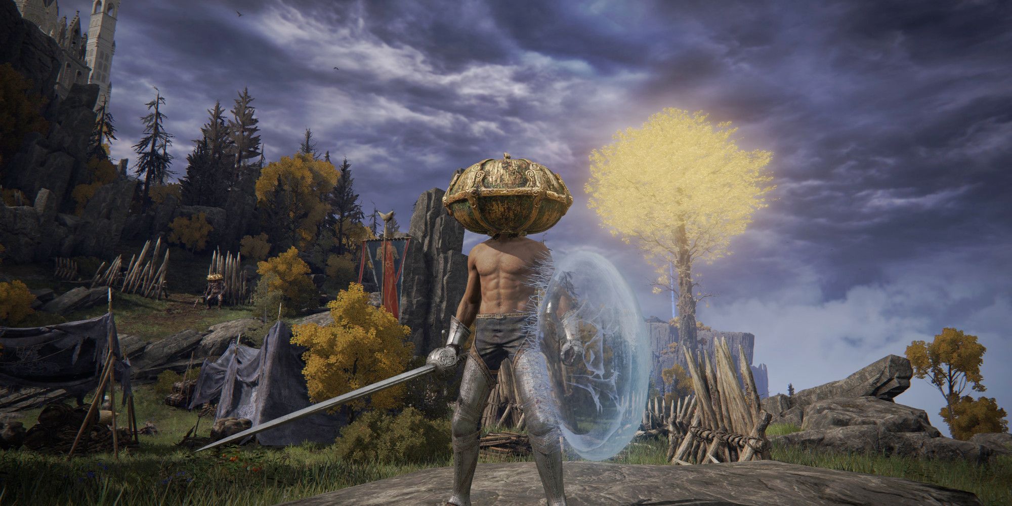 shirtless tarnished with pumpkin head helmet and jellyfish shield