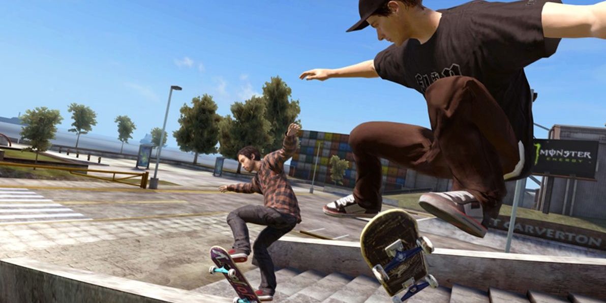 A couple of skaters perform tricks in Skate 3