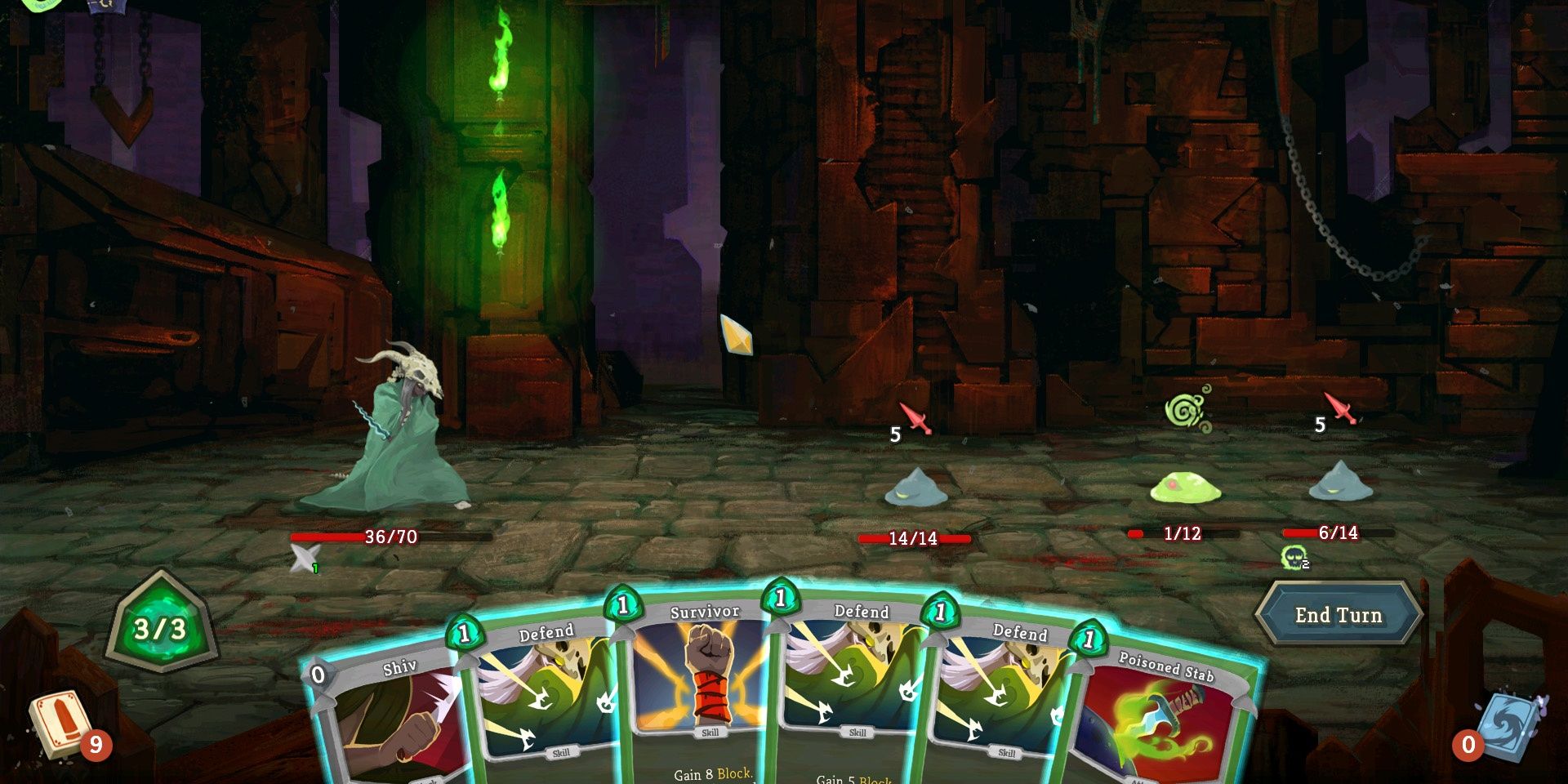 A screenshot showing an enemy encounter and a deck of cards in Slay the Spire