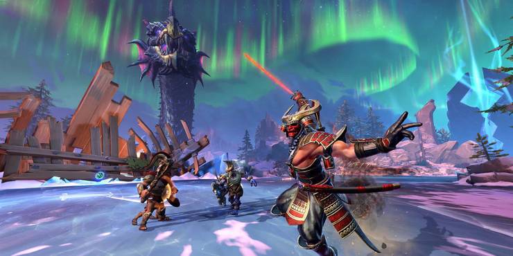 A screenshot depicting a scene in Smite of characters attacking near screen
