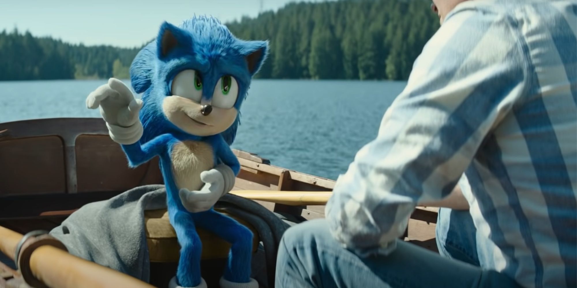 Sonic making gestures with his hands while he speaks with a human standing on a boat.