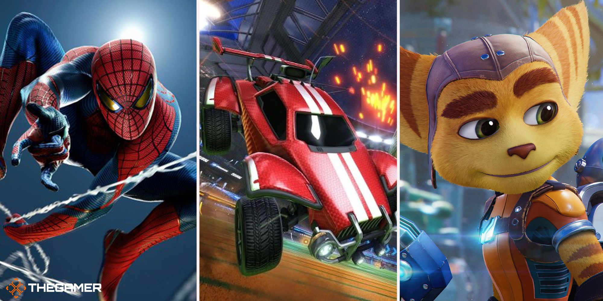 spider man on left, rocket league car in centre, rachet from rachet and clank on right