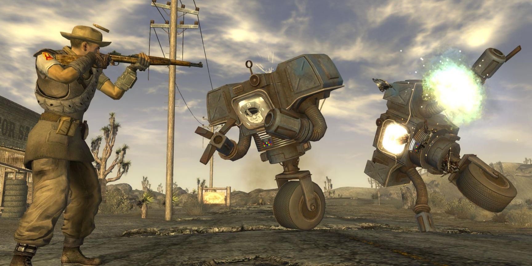 A player shoots at enemies in Fallout: New Vegas