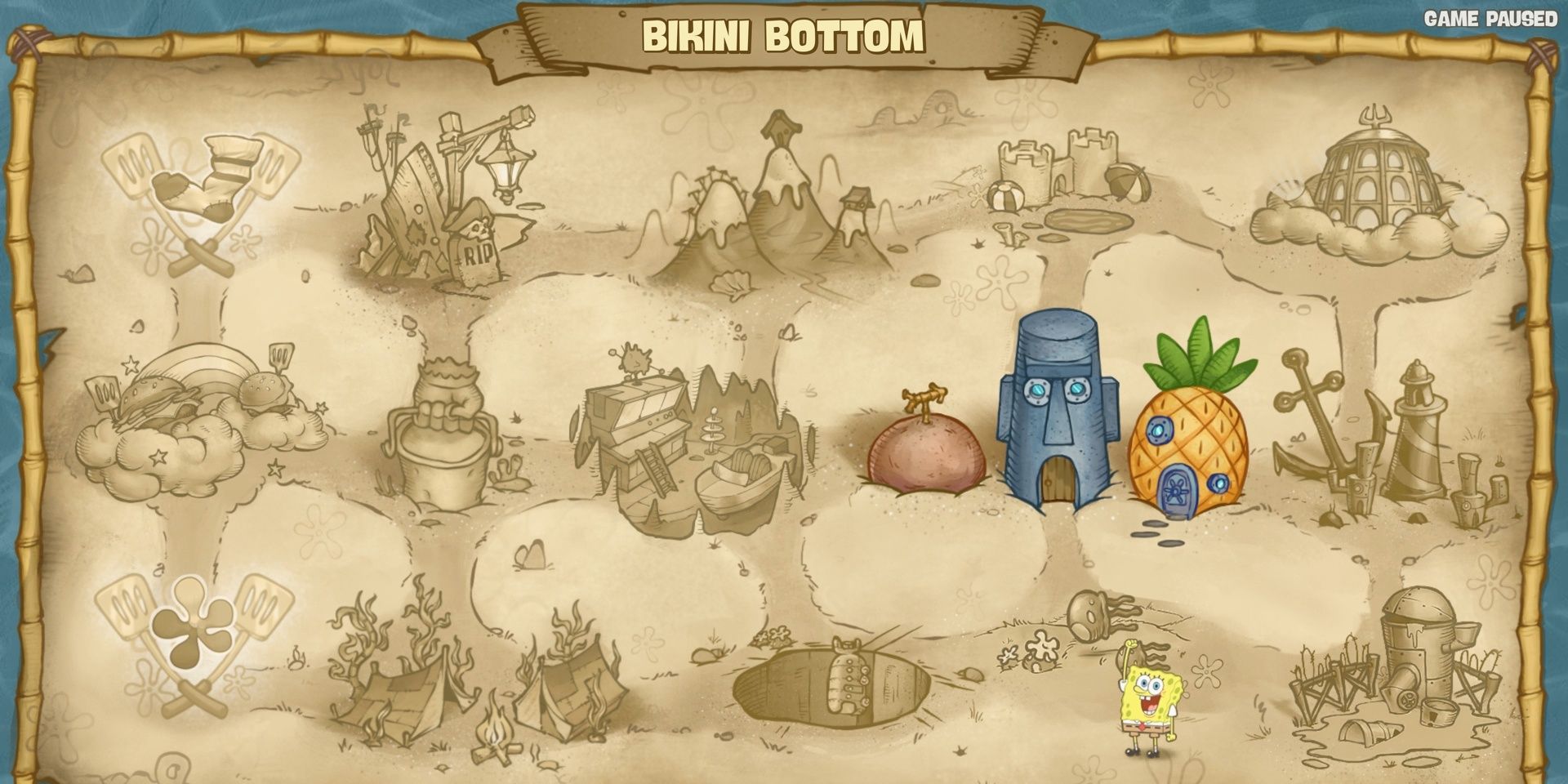 A screenshot showing the map on the pause menu in SpongeBob SquarePants: Battle for Bikini Bottom - Rehydrated