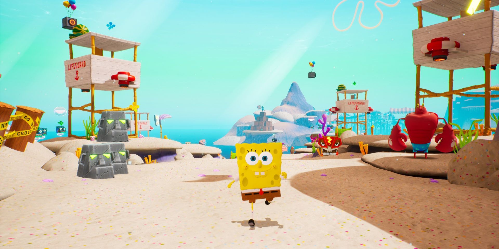 A screenshot showing SpongeBob running around in SpongeBob SquarePants: Battle for Bikini Bottom - Rehydrated