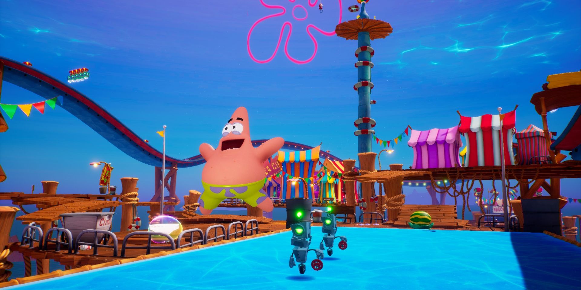 A screenshot showing Patrick being chased by two robots in SpongeBob SquarePants: Battle for Bikini Bottom - Rehydrated