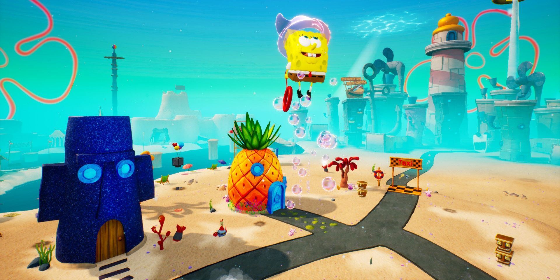 A screenshot showing SpongeBob jumping with a trail of bubbles in SpongeBob SquarePants: Battle for Bikini Bottom - Rehydrated
