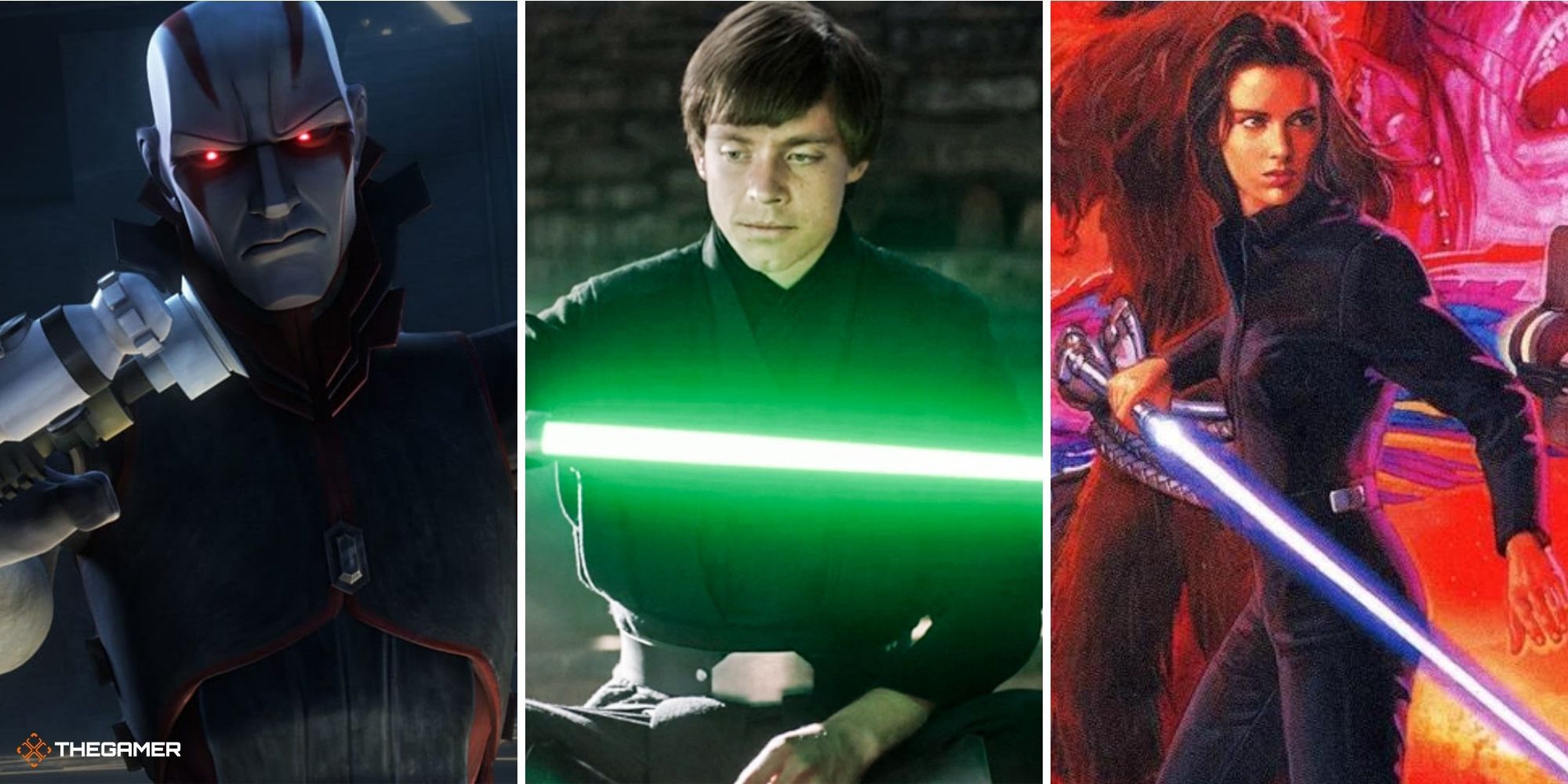 star wars - the son on left, luke skywalker in centre, jaina solo fel on right