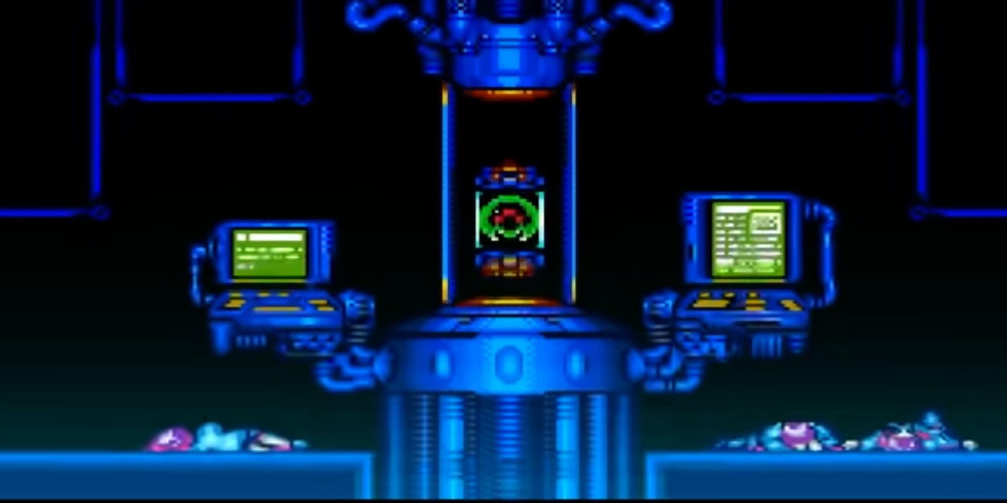 A screenshot of Ceres Station in Super Metroid, showing the baby Metroid in a test tube surrounded by dead bodies
