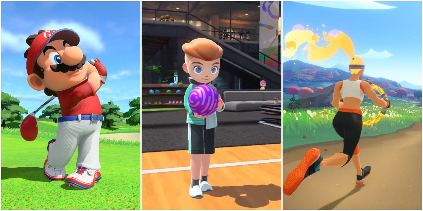 A collage showing gameplay Mario Golf: Super Rush, Nintendo Switch Sports and Ring Fit Adventure