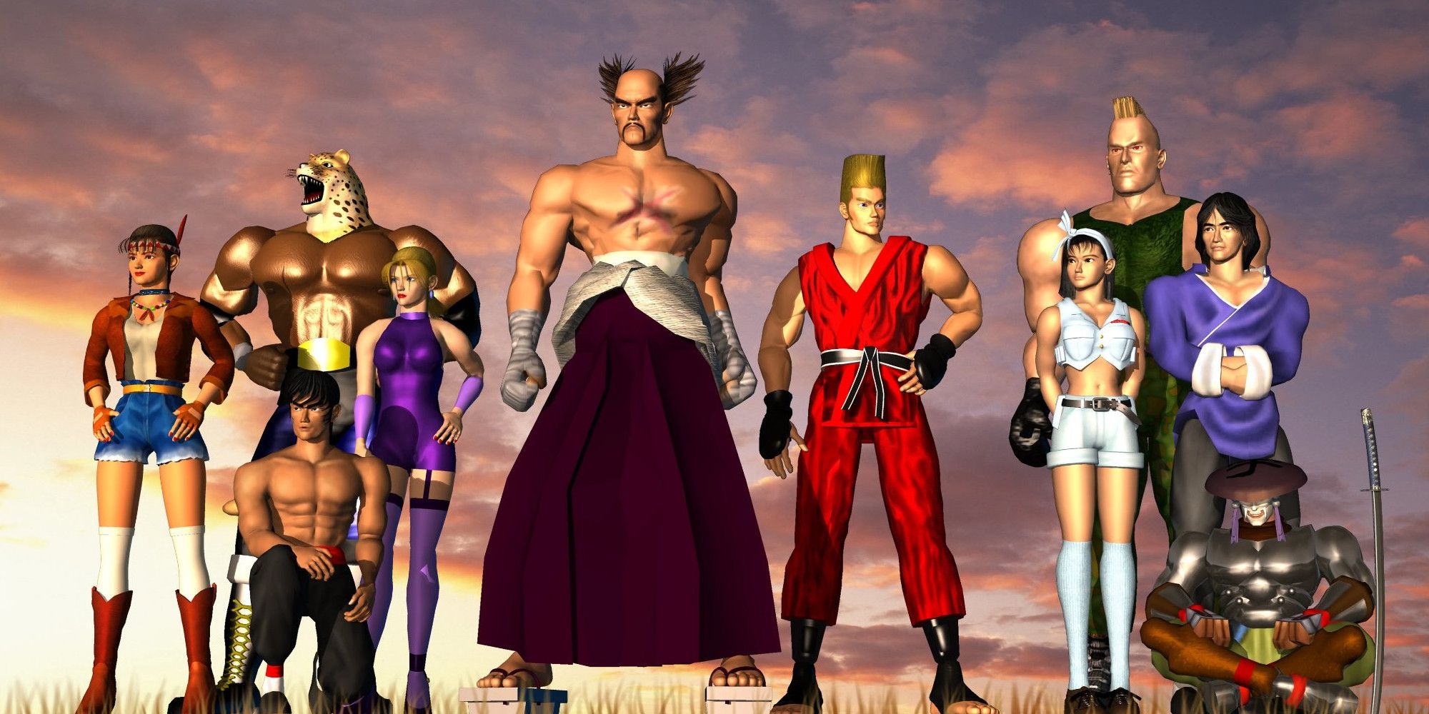 tekken 2 characters lining up in front of a cloudy sky