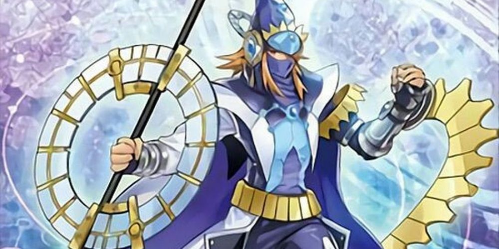 Yu-Gi-Oh Timestar Magician card art blue-robed magician with a staff and clock-like apparatus on shining background