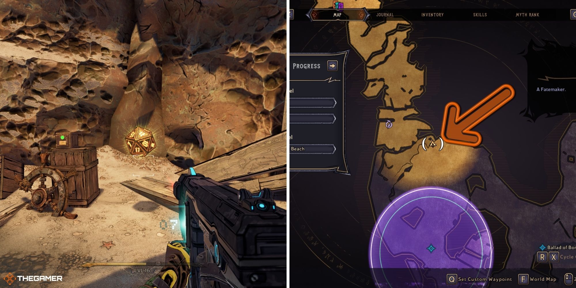 tiny tina's wonderlands - Wargtooth Shallow - lucky die on left, map on right