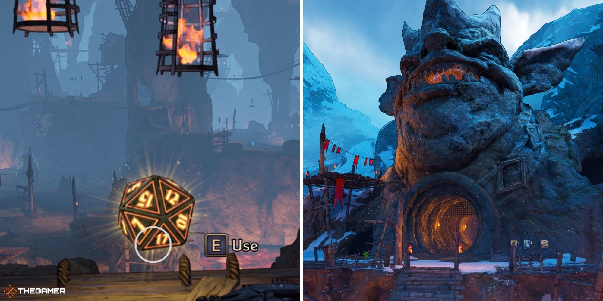 tiny tina's wonderlands - mount craw - lucky die on left, statue of a goblin on right