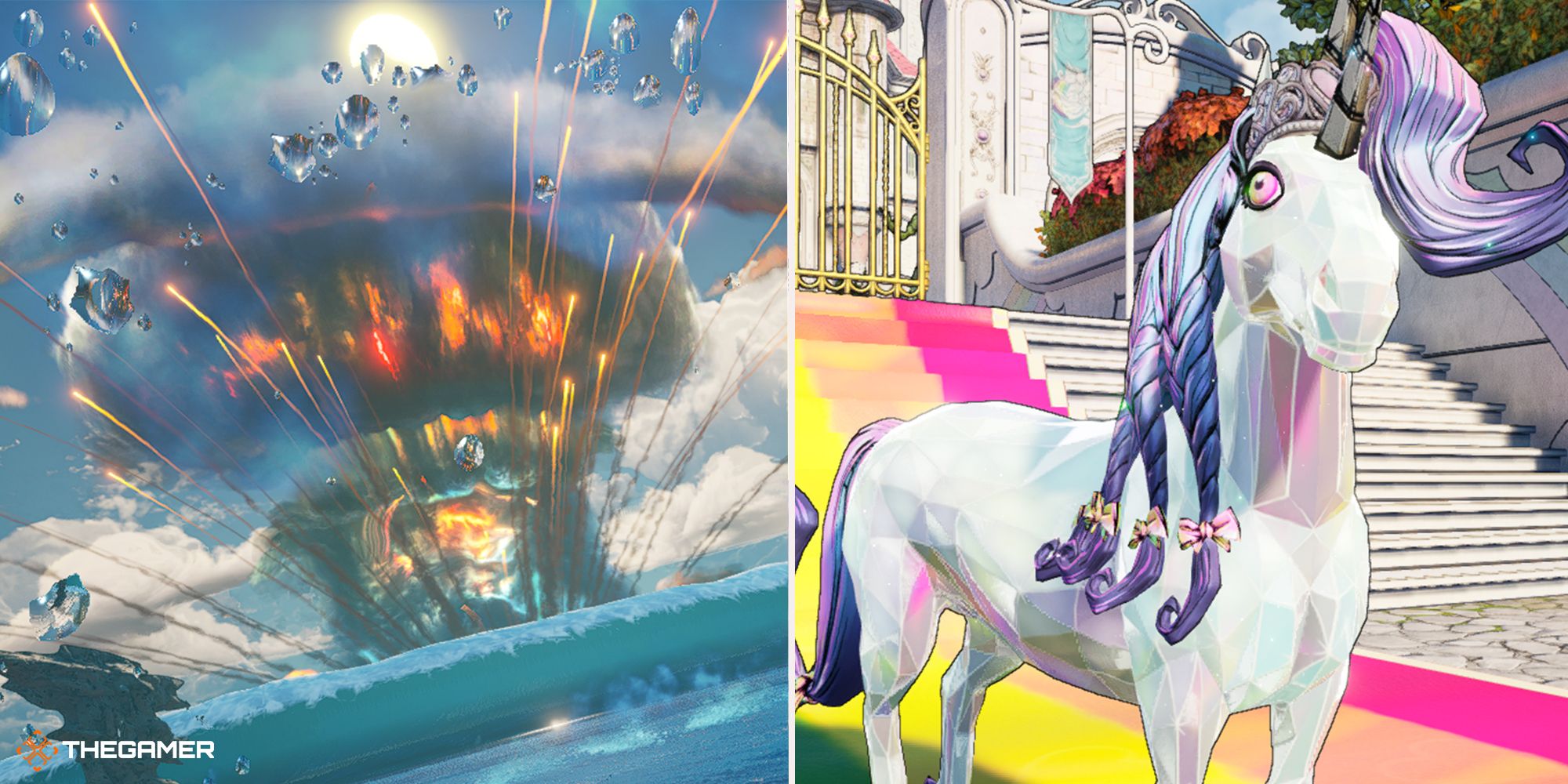 tiny tina's wonderlands - queen buttstallion on right, ocean blowing up on left