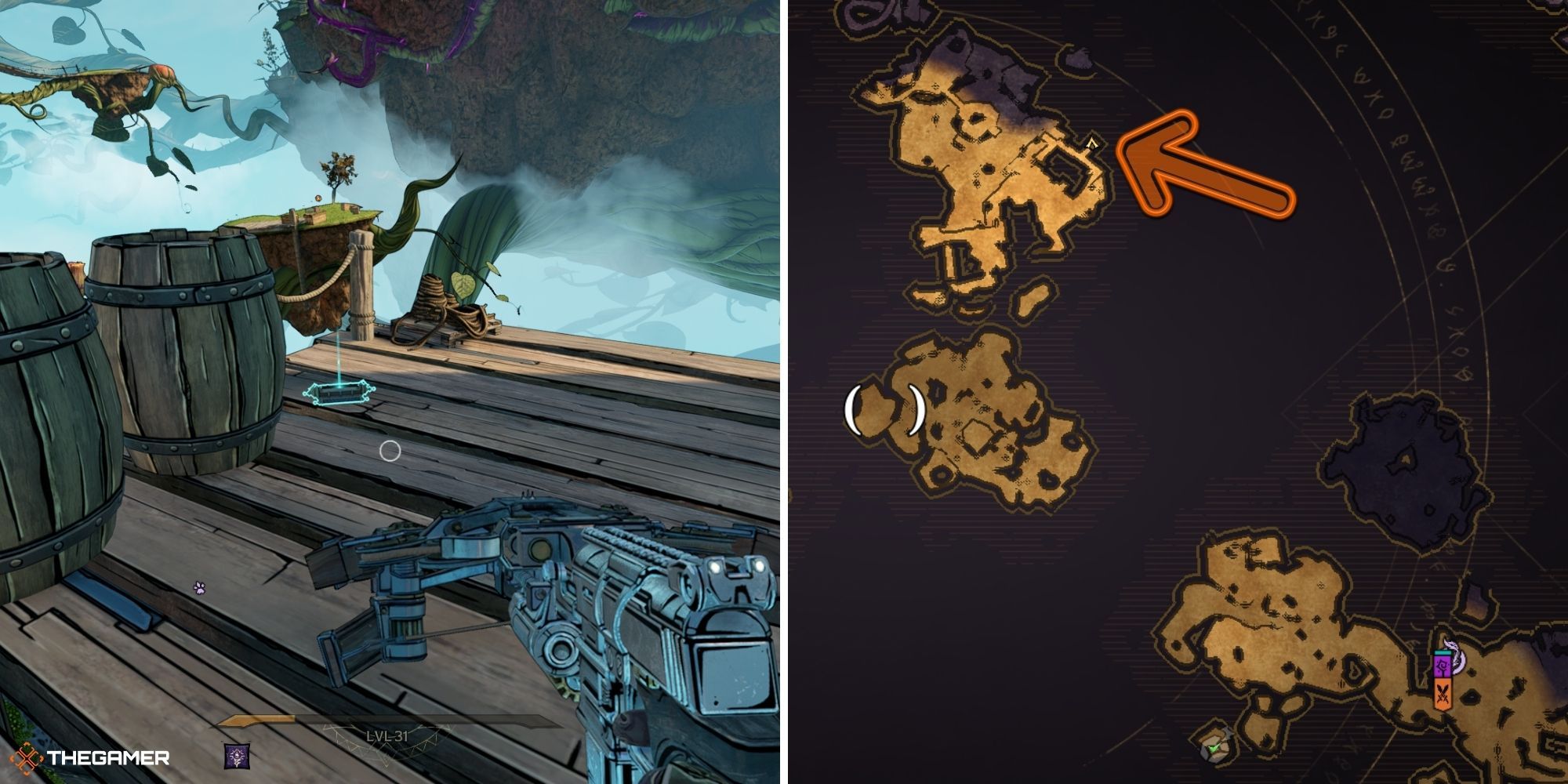 tiny tina's wonderlands - tangledrift - lore scroll on left, map right
