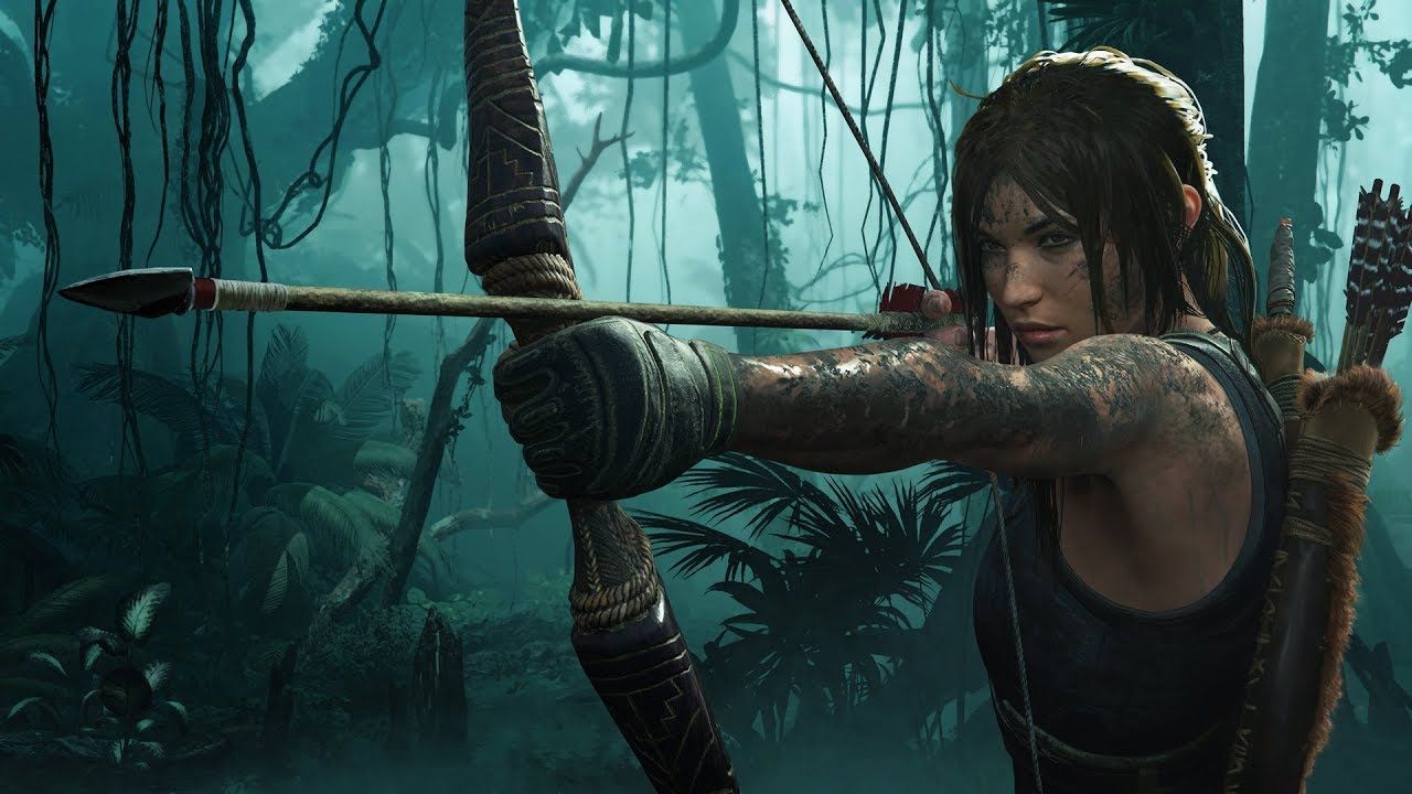 Lara croft aiming arrow in shadow of the tomb raider game