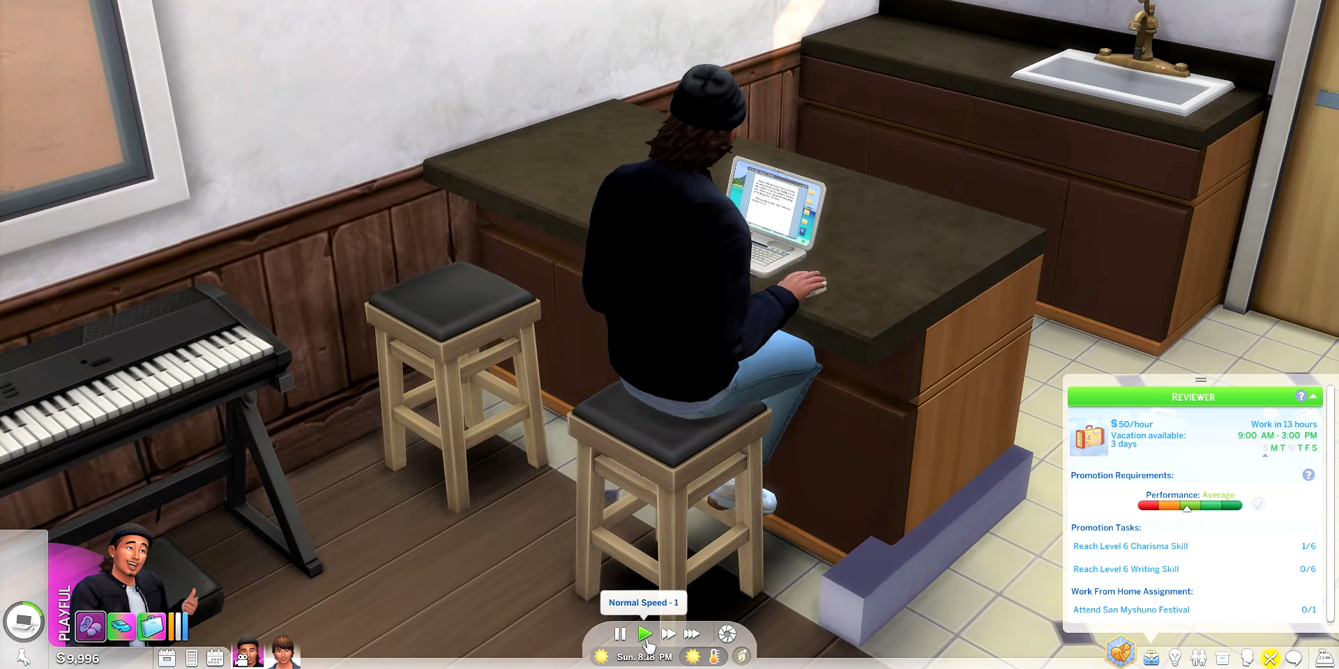 A Sim works on their laptop. Since his Travel Critic career menu is pulled up (right), he might be working from home