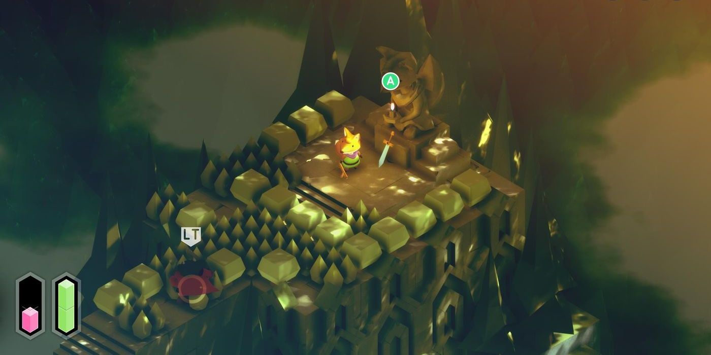 A screenshot showing the fox about to pick up the sword in Tunic