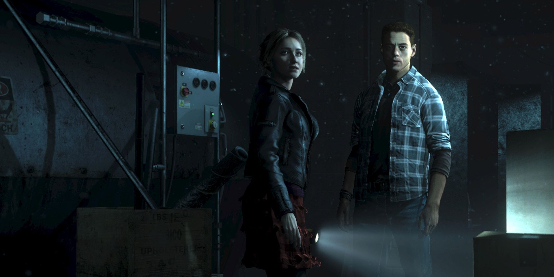 Sam and Josh, played by Hayden Panettiere and Rami Malek standing together in Until Dawn