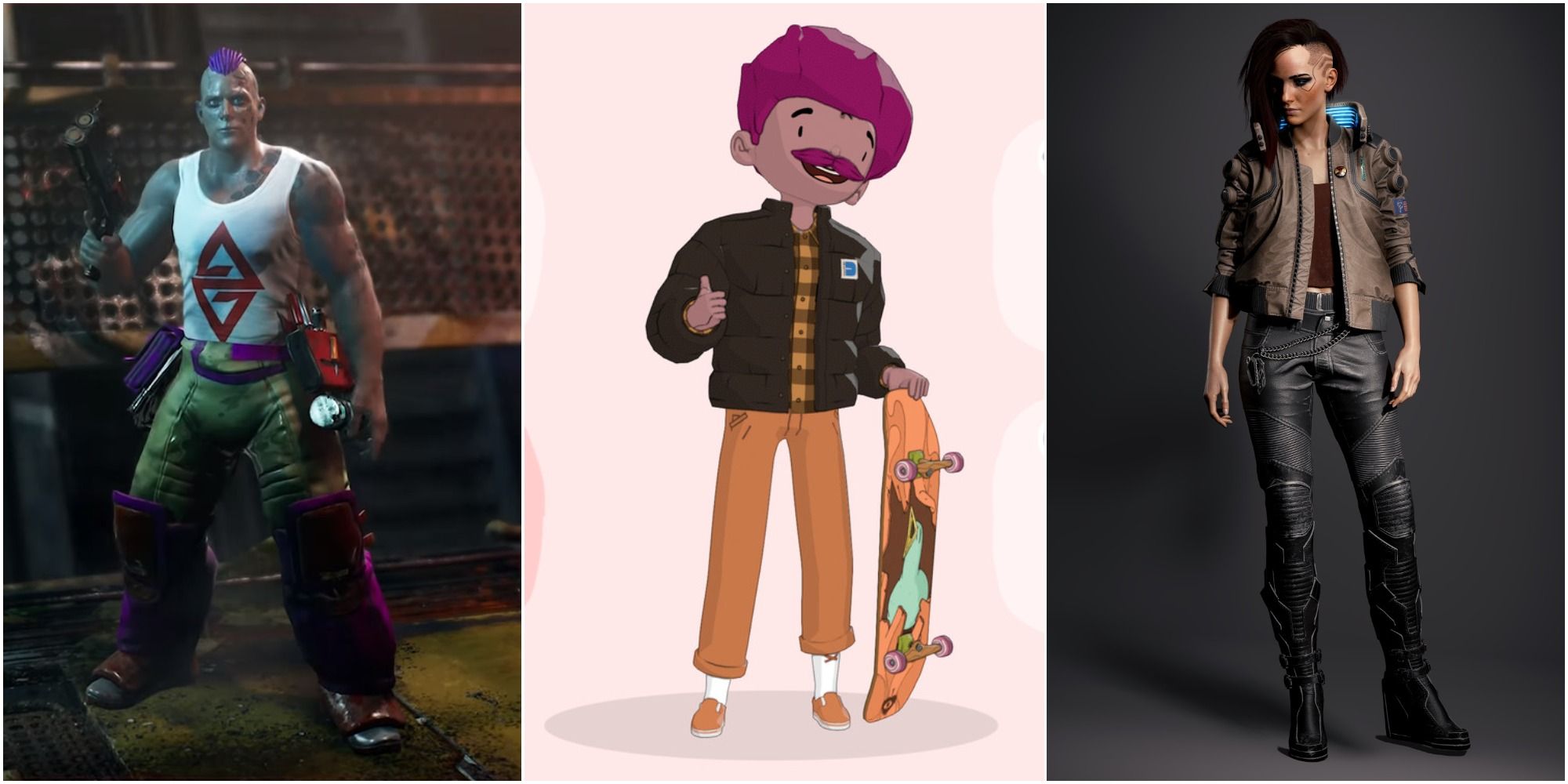 A collage showing character created in The Ascent, OlliOlli World and Cyberpunk 2077