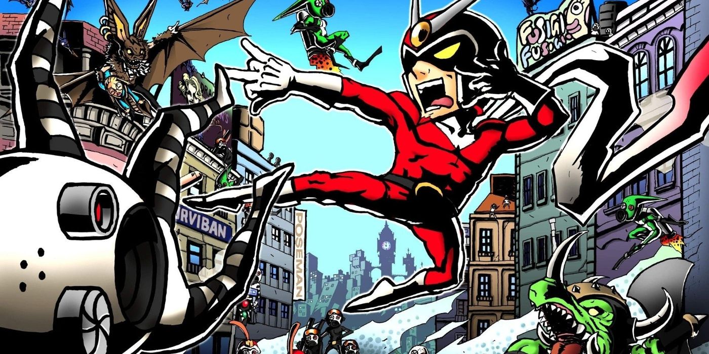 Viewtiful Joe kicking a robot whilst surrounded by enemies