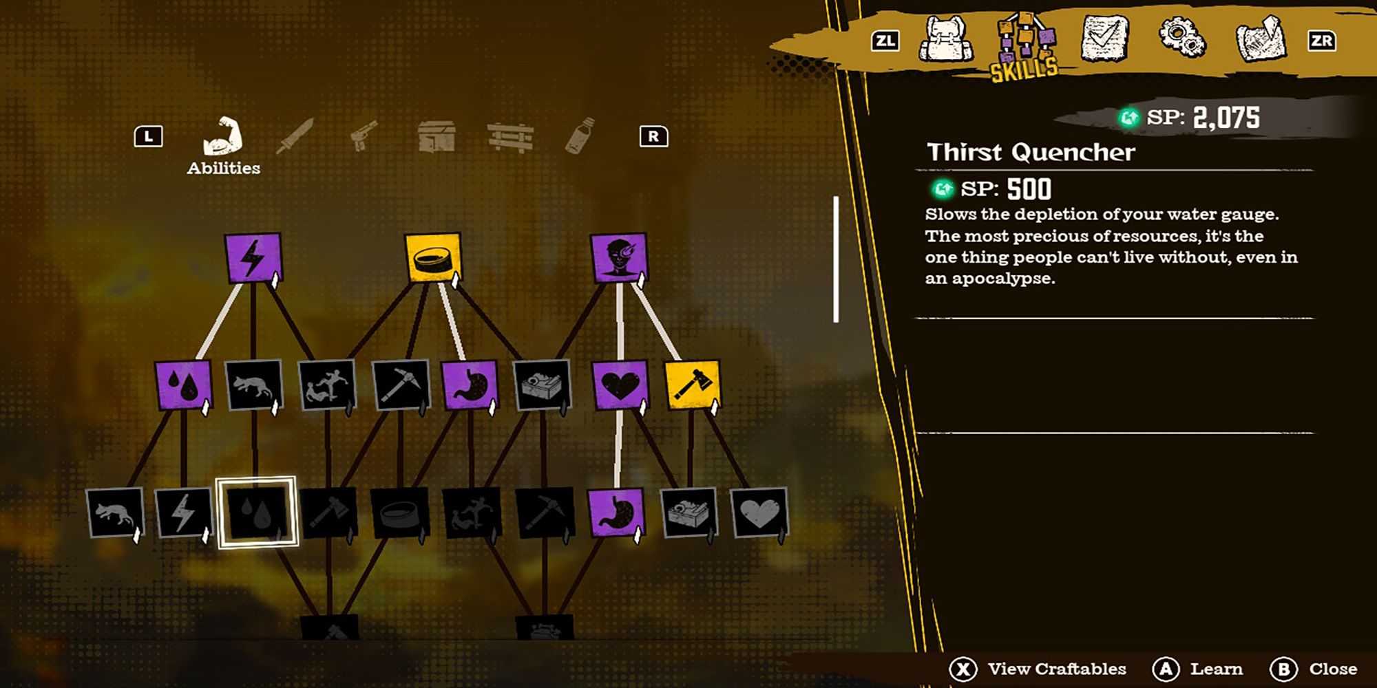 Thirst Quencher is highlighted among an abundance of abilities in one of Deadcraft's Skill trees.