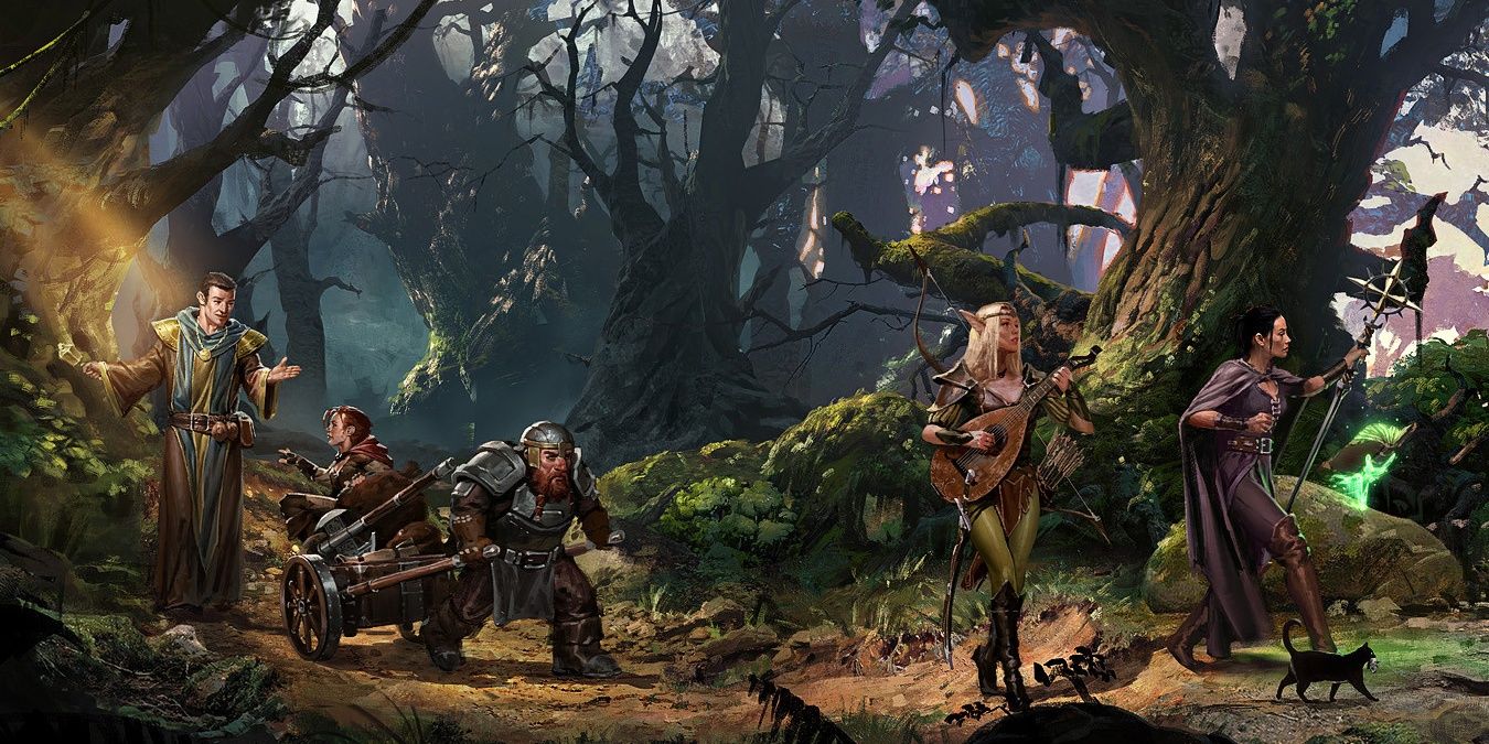 adventurers or party travel through forest