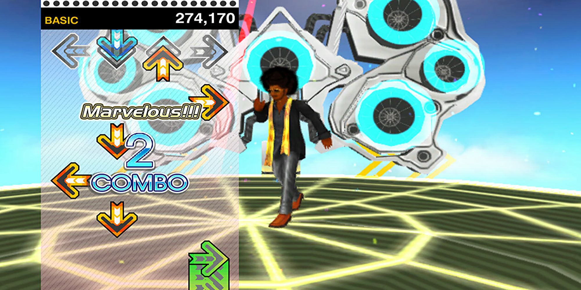 Afro dances across a stereoscape platform while arrows fly up the screen in Dance Dance Revolution V.