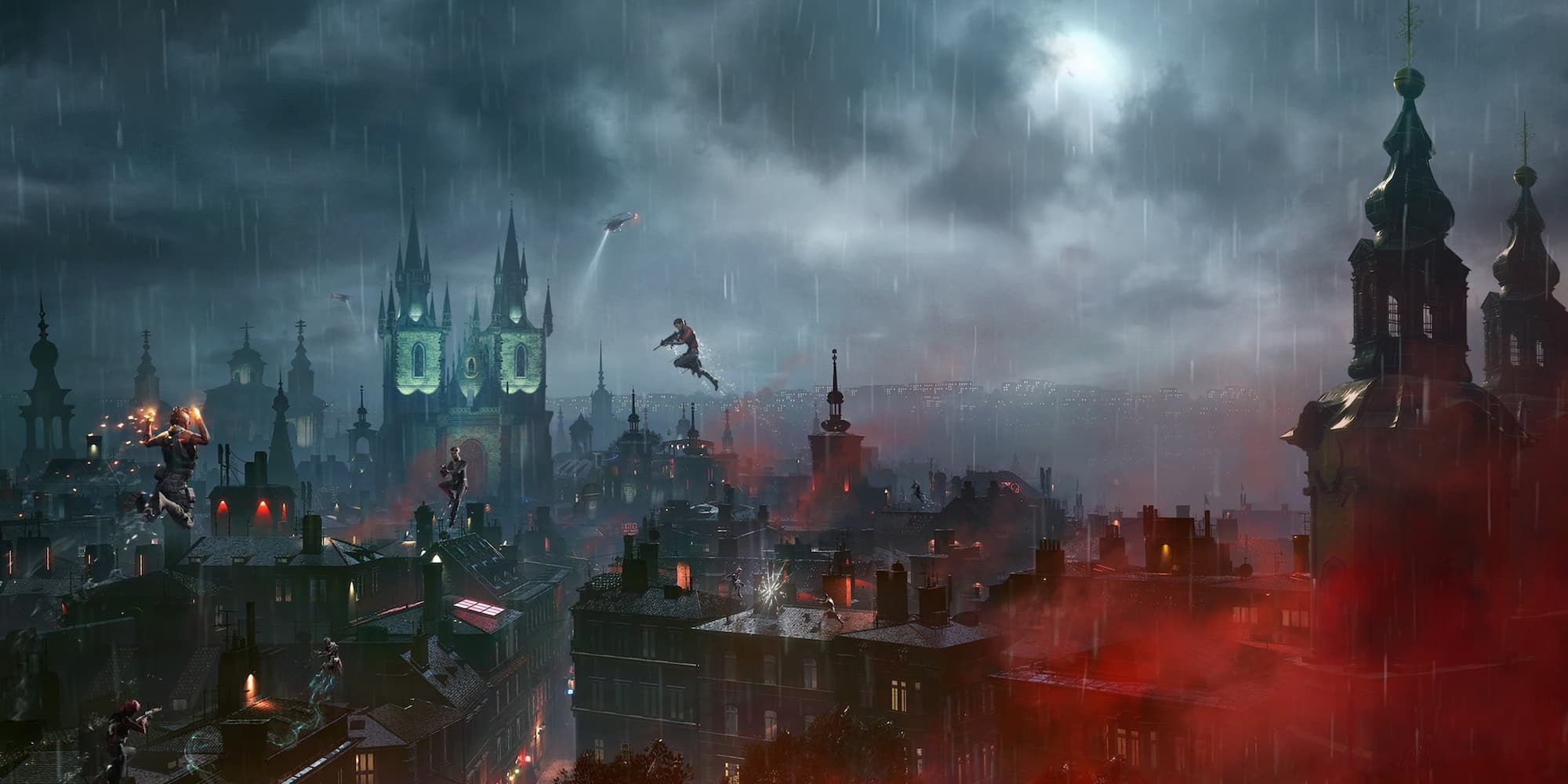 Three vampires fight on the rooftops as the Red Gas approaches from the right