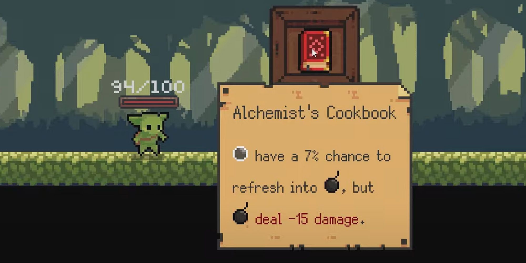 Peglin screenshot of Peglin standing next to the Alchemist's Cookbook Relic, which looks like a closed red book