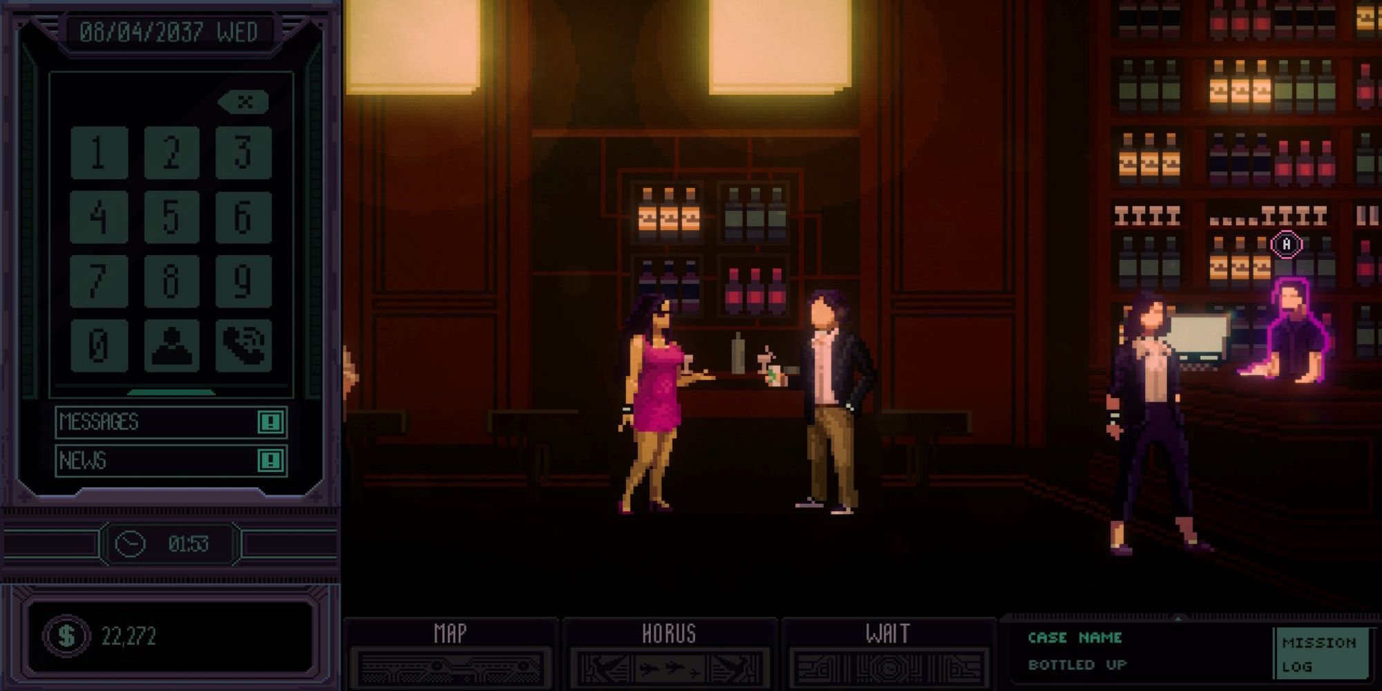 Amira talks to a bartender at Wine Haus in Chinatown Detective Agency