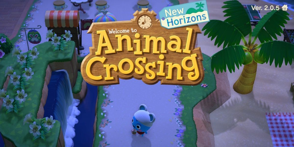 A screenshot of the Animal Crossing: New Horizons title screen, showing Filbert in the foreground.