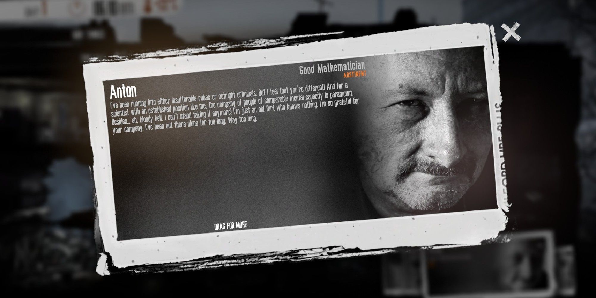 This War Of Mine Anton character bio screen where he looks down tired black & white