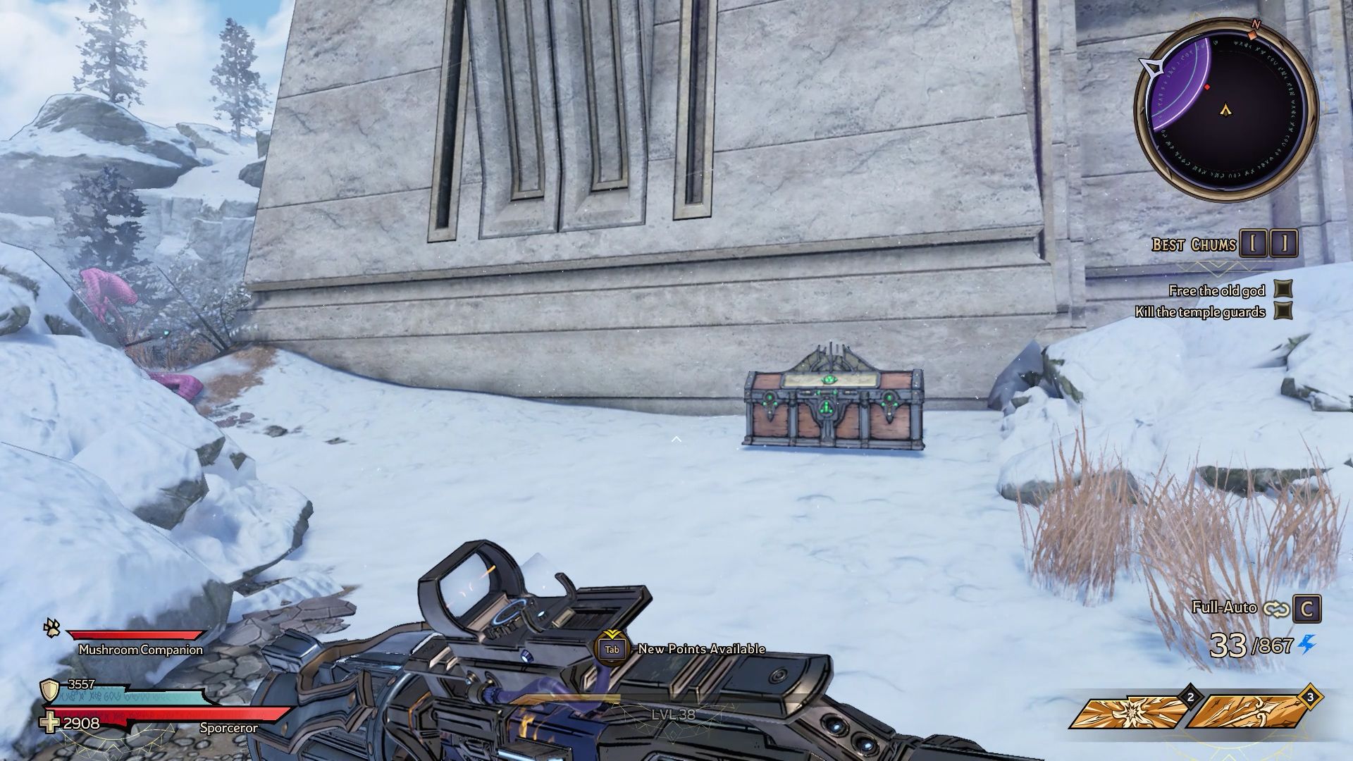 Player looks at Area 1 Soul Chest 1 on side of building in snow